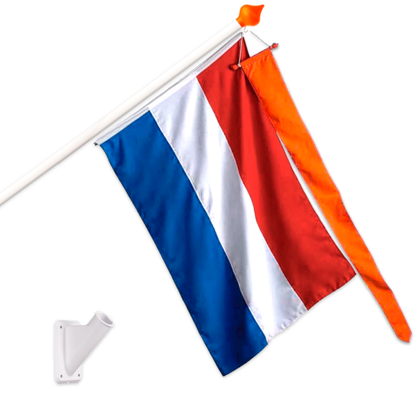 Nederlandse vlag (100x150cm), oranje wimpel (10x150cm), vlaggenstok en vlaggenstok houder